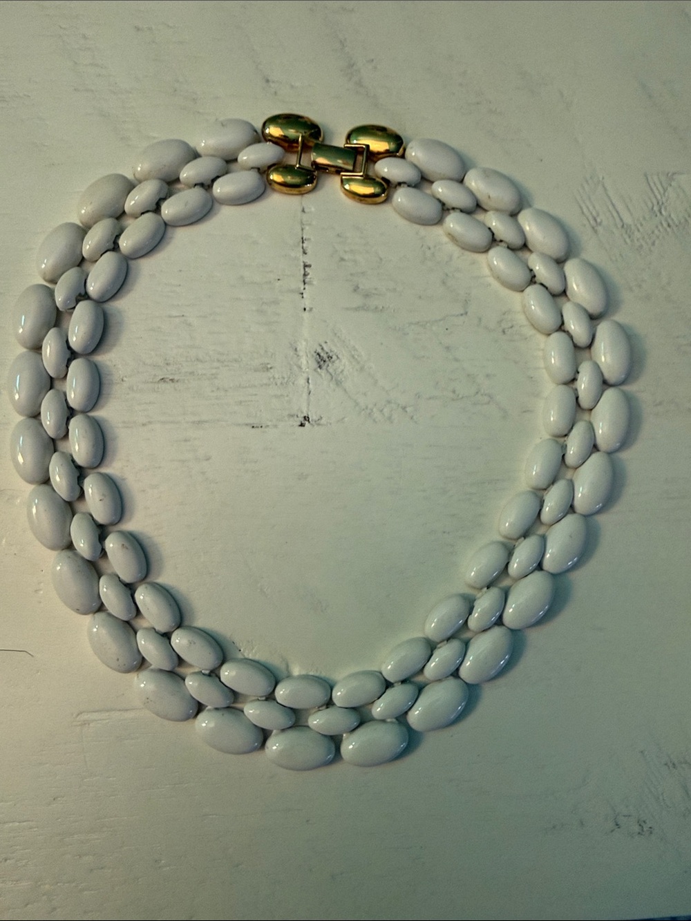 White Triple-Row Beaded Collar Necklace with Gold Clasp